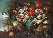Andrea Boscoli Stilleben med blommor och pafagel oil on canvas